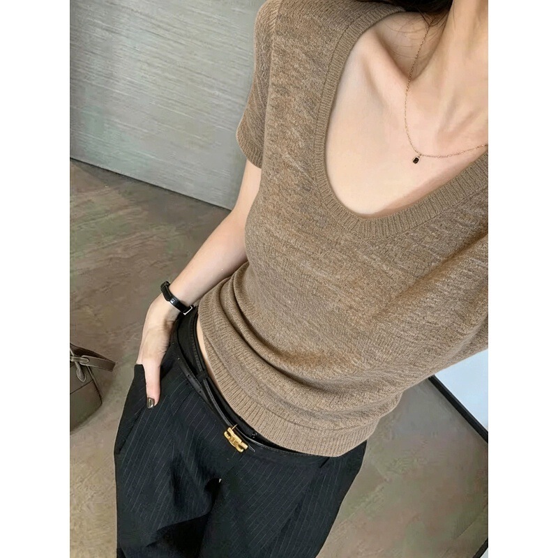 Old Money Style Linen U-Neck Short-Sleeve Knit T-Shirt for Women, Summer High-End Slim-Fit Casual Top Old Money Style Linen U-Neck Short-Sleeve Knit T-Shirt for Women, Summer High-End Slim-Fit Casual Top
