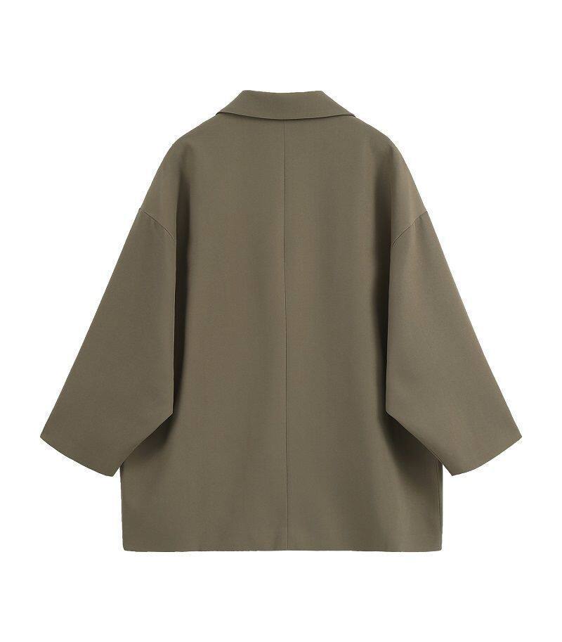 Áo blazer nữ dáng rộng cổ vest tay dài phong cách thanh lịch — quần kaki, đen, Bông đen, Kaki và bông chi tiết 4