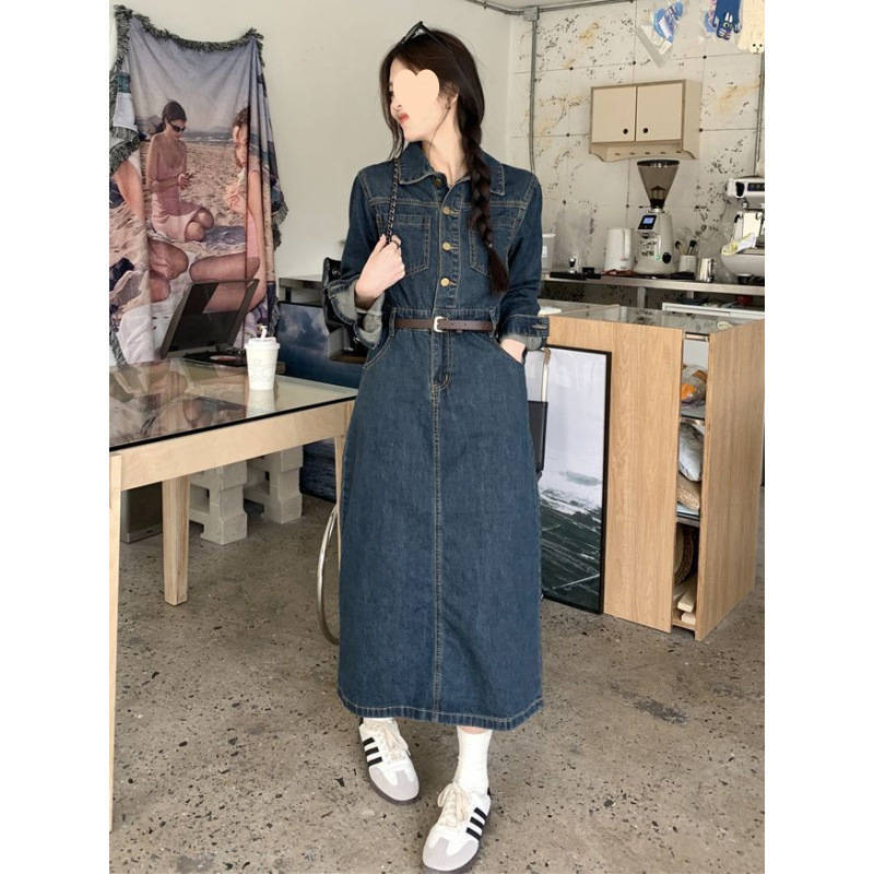 收腰显瘦长袖牛仔连衣裙女春秋2025新款韩系风复古气质中长款裙子|undefined
