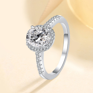 925 Silver Platinum-Plated 2 Carat Moissanite Diamond Ring Oval Pigeon Egg-Shaped Women's Ring Silver Jewelry Cross-Border Supply Diamond-Encrusted