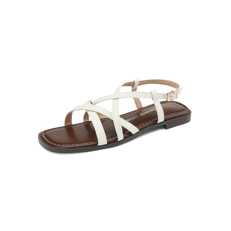 Dép sandal nữ xỏ ngón đế bệt da bò dệt hở mũi phong cách La Mã — Màu nâu