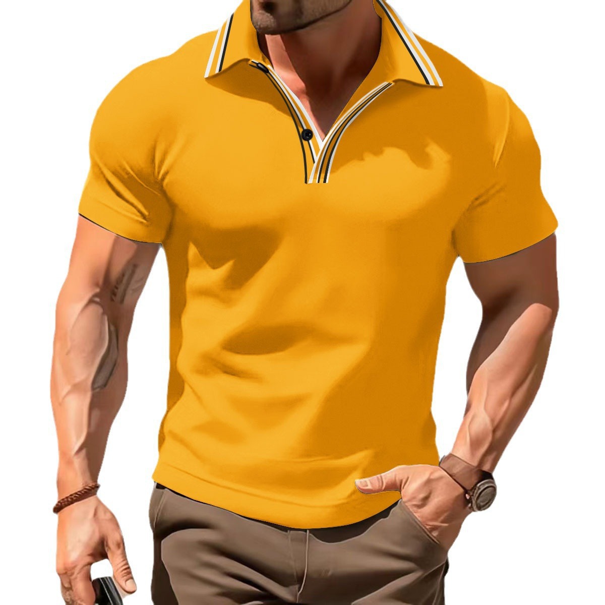 Neues Herren-Poloshirt mit Kragen, Streifen, lässig, V-Ausschnitt, Knopfleiste, vielseitiges T-Shirt_voghion.com