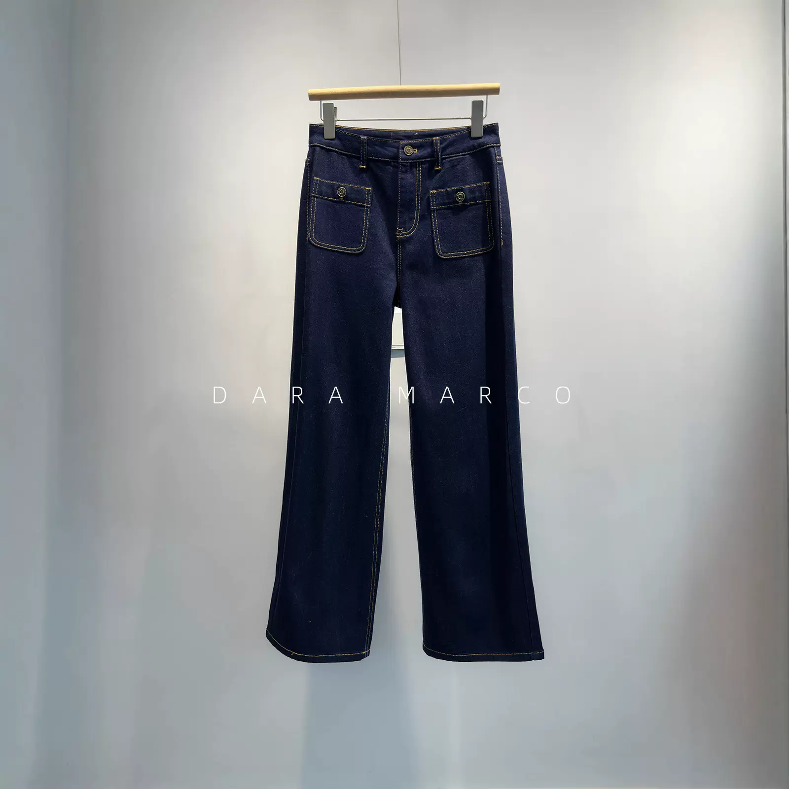 复古摩登~小禾合身直筒高腰深藏青棉弹牛仔裤女明线前袋秋冬加绒