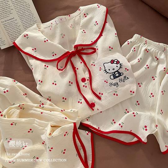 Summer 2025 New Cloud Cotton Loose Top Printed Three-Piece Set Short Pants Pajamas Home Clothes Cartoon Three-Piece Set