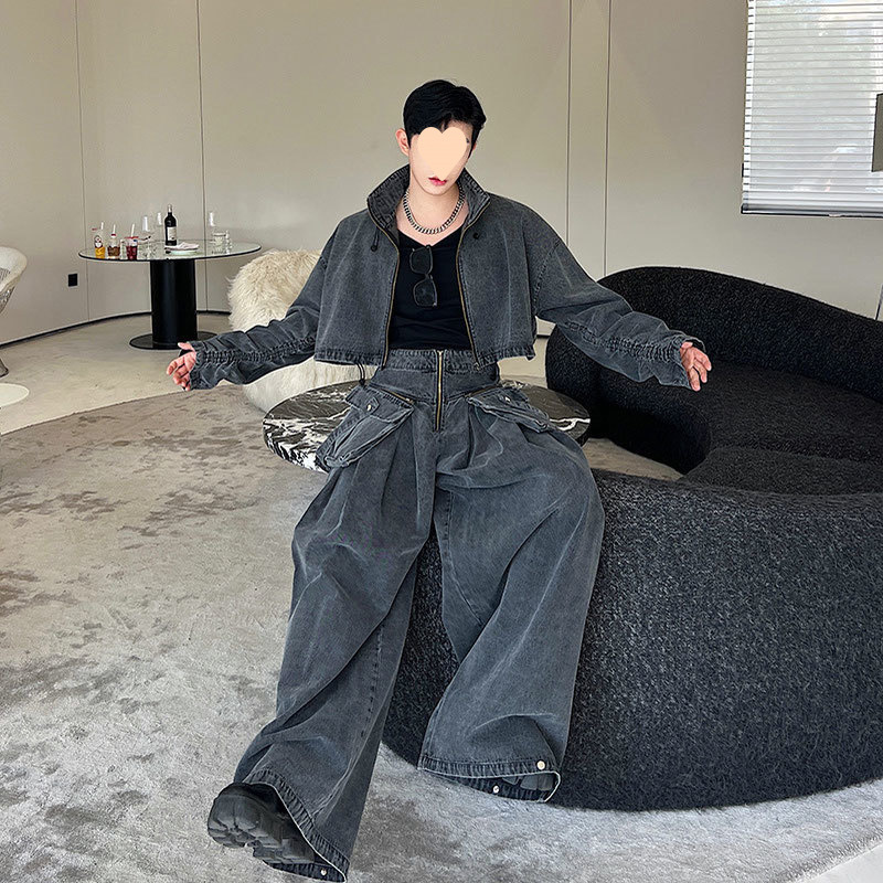 가을 디자이너 세탁 오래 된 빈티지 프로필 데님 짧은 자켓 남성과 여성의 세트 느슨한 와이드 레그 바지