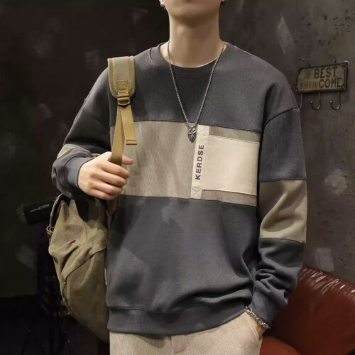 Autumn American Heavyweight Youth Fashion Loose Men's Long-Sleeve T-Shirt Crew Neck Colorblock Hoodie