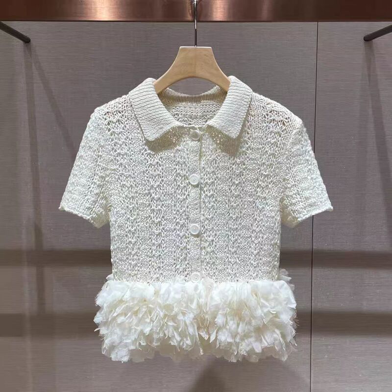Sweet Little Chanel-Style Short-Sleeve Knit Top for Women, 2026 New Summer Model, White Top with Turn-Down Collar, Crochet Hollow-Out Design, and Mesh Patchwork Sweet Little Chanel-Style Short-Sleeve Knit Top for Women, 2026 New Summer Model, White Top with Turn-Down Collar, Crochet Hollow-Out Design, and Mesh Patchwork