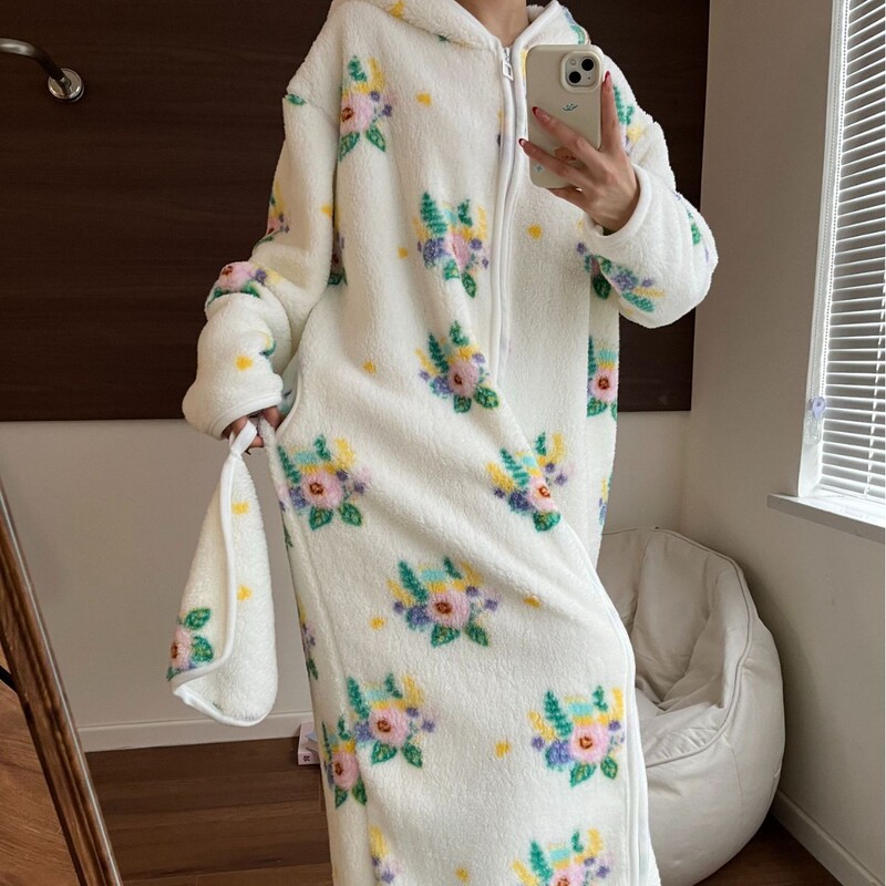 【实拍】鸿楠行走的被窝小熊毛绒拉链睡衣加厚保暖家居服睡袍连帽|undefined