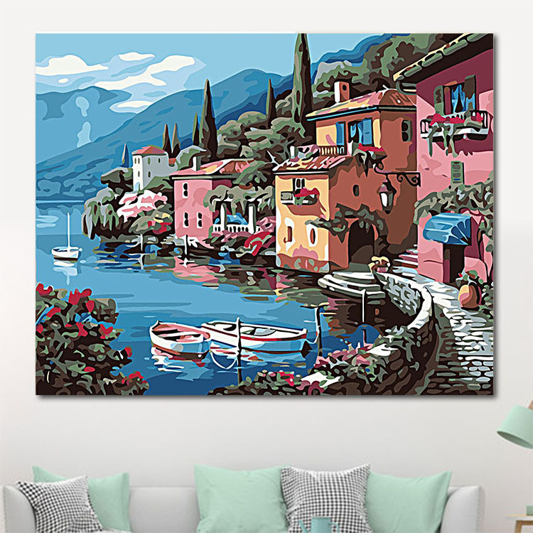 Pintura al óleo digital DIY al por mayor, paisaje costero, arquitectura, pintura decorativa para colgar en la sala de estar, pintura decorativa de villa costera, 30*40*5 image 7