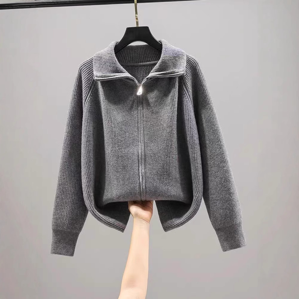 Kurzer Strickcardigan – Oversize-Shacket mit Doppelreißverschluss (Kastanienbraun/Grau/Beige, Einheitsgröße)_voghion.com