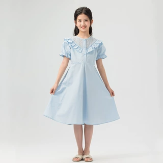 夏季女童纯棉连衣裙韩系镂空蕾丝裙子高级感中大童短袖公主裙洋气