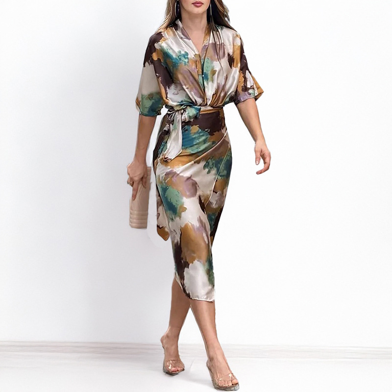 New Spring Women's Dress: Elegant Printed V-Neck With Belt And Waistband, Fitted Dress_ecoleips.com