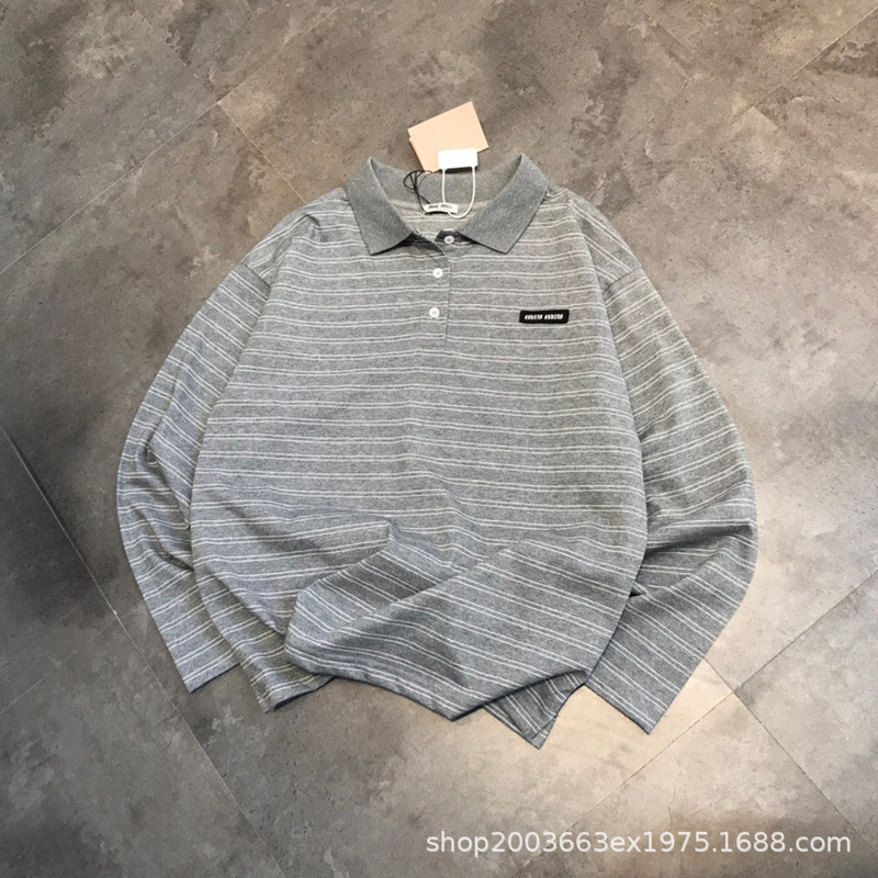 Correct Version of the Original Miu Miu College-Style Gray Striped Polo Shirt with Long Sleeves, Unisex Top