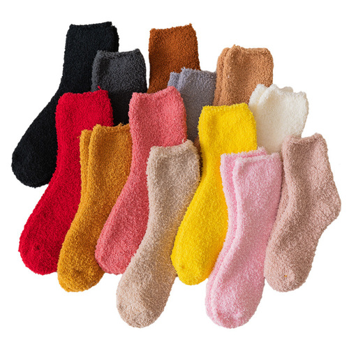 Winter and Spring Plain Color Half-Fleece Thickened and Fleece Coral Fleece Warm Mid-Calf Socks Postpartum Socks Floor Socks for Women
