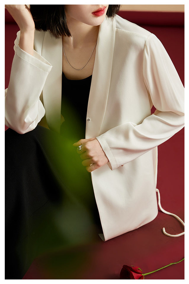 Áo blazer nữ satin thắt eo dáng ôm kiểu Pháp thanh lịch — Trắng ngọc trai, Xám nhạt, Đen đá chi tiết 9