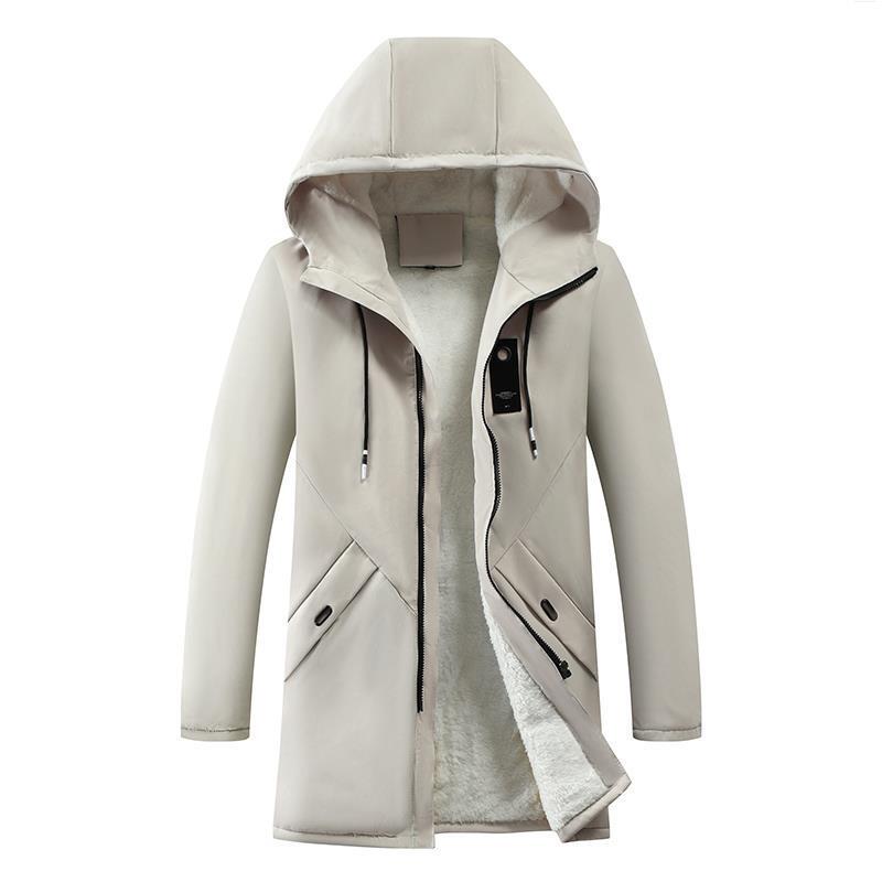 Autumn and Winter New Pure Color Warm Men's Hooded Zipper Cashmere Mid-Length Cotton Coat Fleece-Lined Thickeneded Jacket for Men
