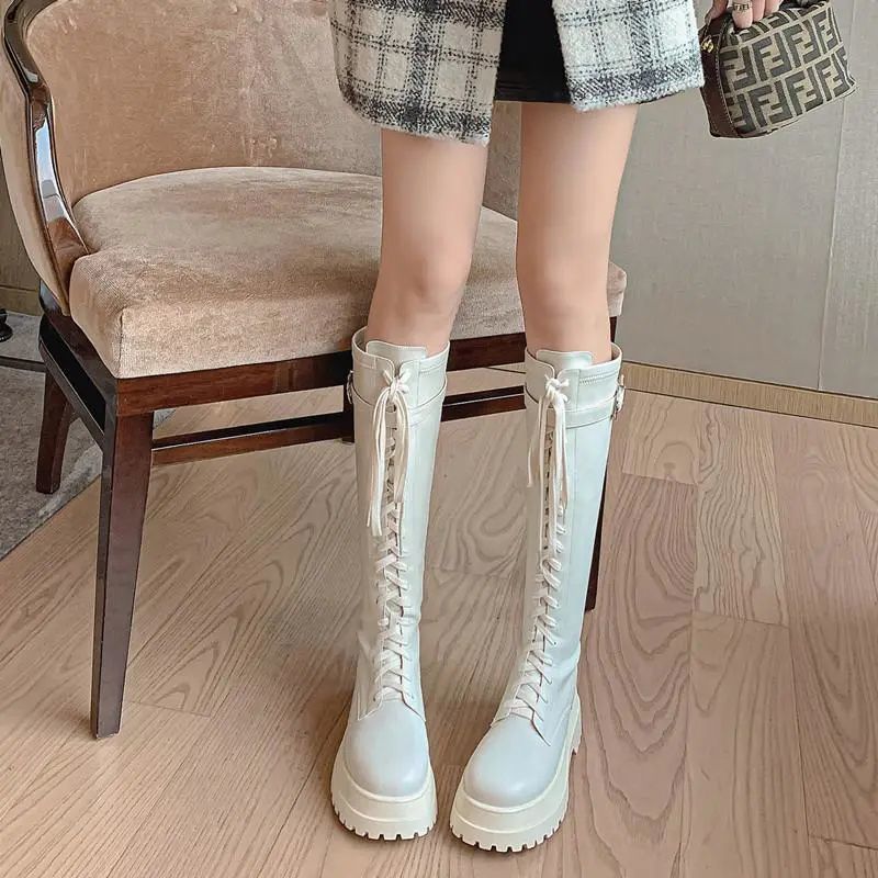 Autumn high boots platform with shoelaces heels made of soft leather
