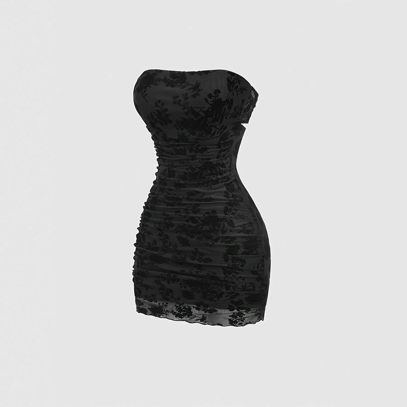 2025 Cross-Border European and American Sexy Waist-Hugging Hip Design Dress Slim See-Through Mesh Flocking Mini Skirt