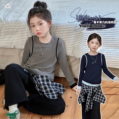 女童秋款拼色长袖T恤中大童2025年春秋韩版套头打底衫百搭圆领潮