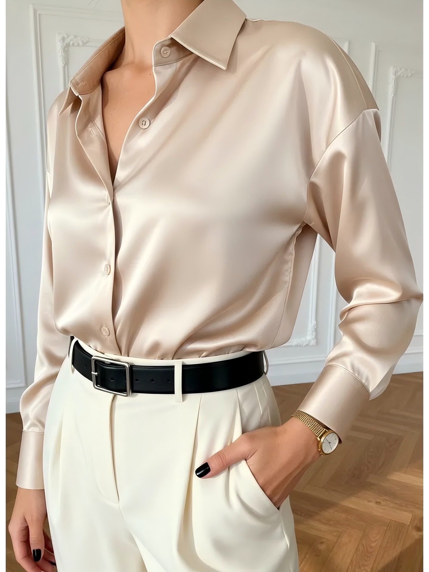 Women's Solid Color Acetate Long Sleeve Shirt Spring New Arrival Silky Satin Feel Wrinkle Resistant Drapey Texture Basic Top_ecoleips.com