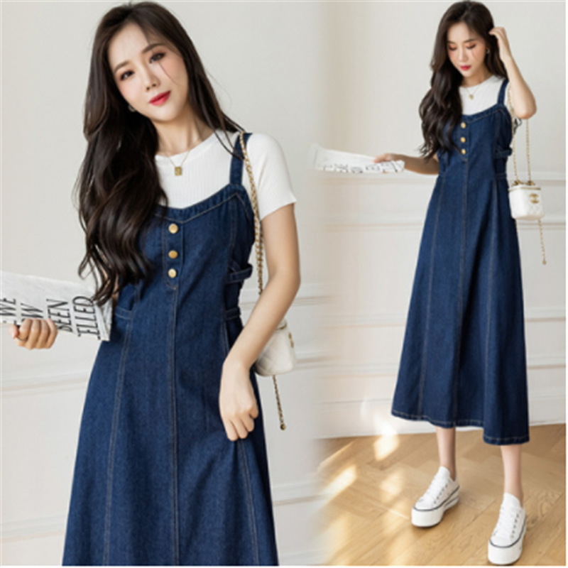 Factory Wholesale Cross-Border Casual Versatile Denim Suspender Skirt Mid-Length Slim Dress Women's Design Casual Trend