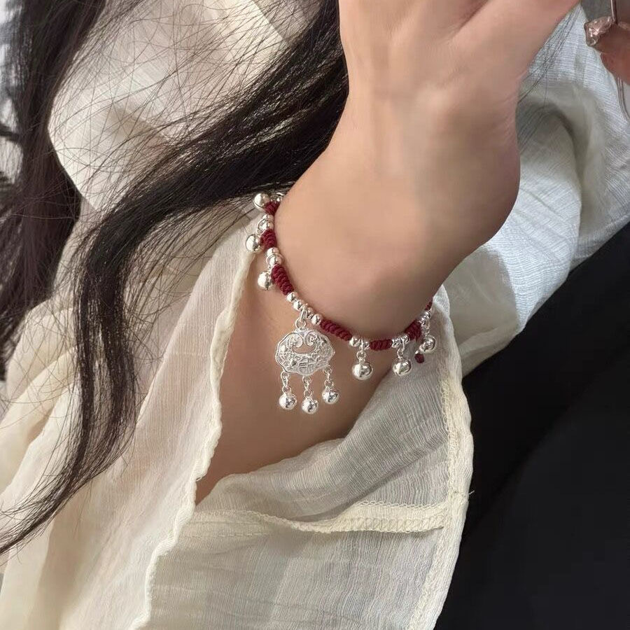 Handmade Chinese Style Long Life Lock Ping An Lock Hand Rope Bell Ring Red Rope Bracelet Light Luxury All-match Niche