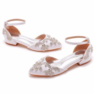 2cm Flat Heel Casual Pointed Hollow Sandals Low Heel Shallow White Satin Rhinestone Bride Wedding Shoes Dress Shoes