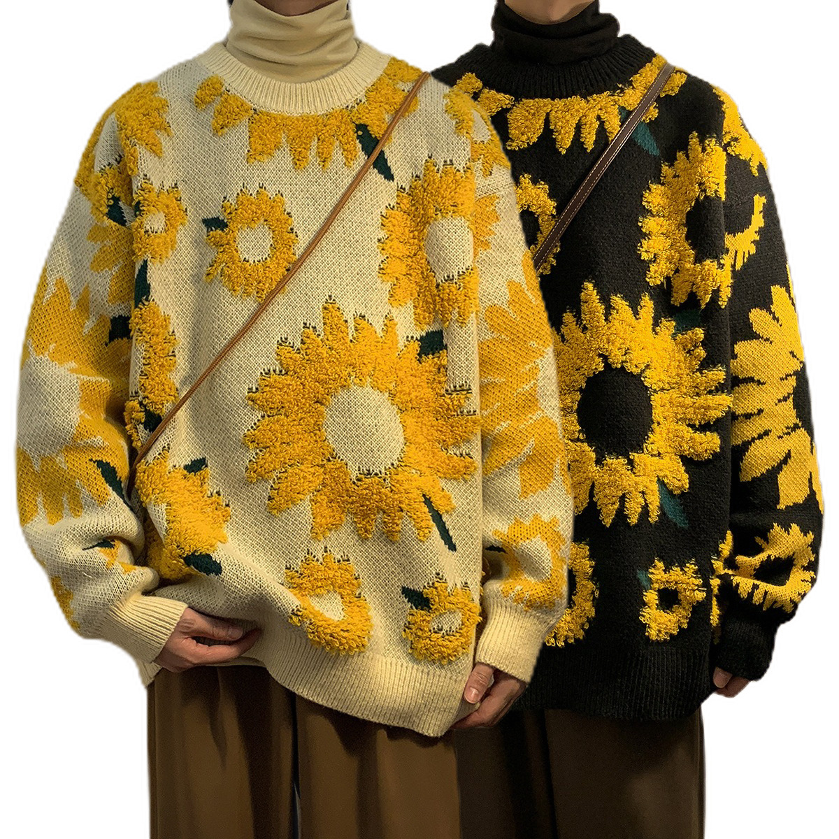 Explosiones transfronterizas de tamaño europeo de girasol flocado camiseta de punto suéter masculino estereoscópico chaqueta de invierno de otoño fábrica de moda al por mayor