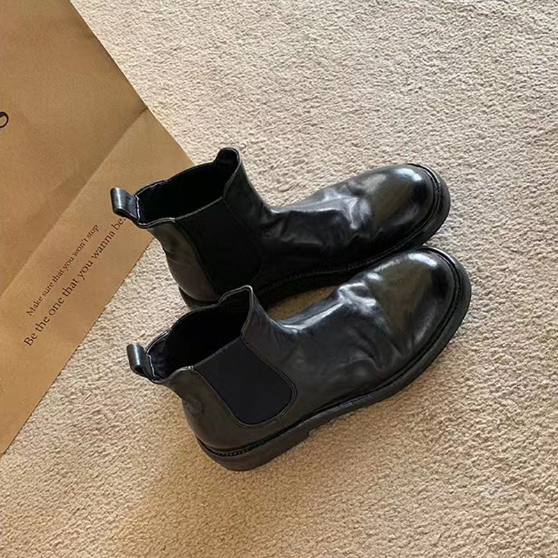 牛皮版~秋冬新款马丁靴褶皱粗跟厚底烟筒弹力靴子切尔西短靴女