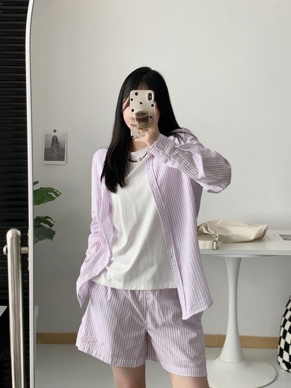Koujia シャツ レディース 25 年クラシック刺繍馬車ストライプラペルポケットルーズシャツハイウエストショーツセット|undefined