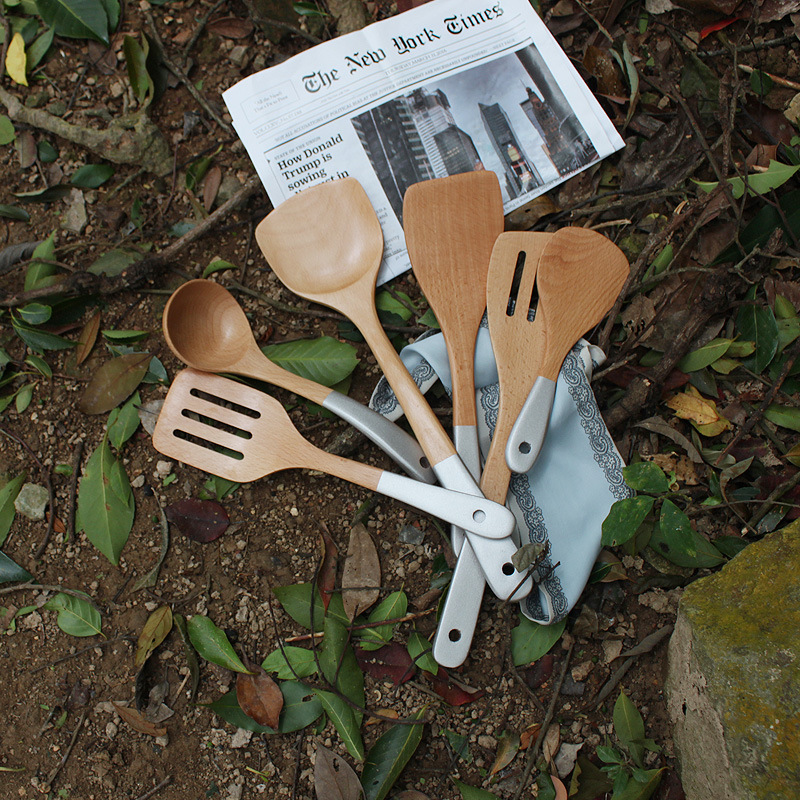 櫸木不粘鍋長(zhǎng)柄鍋鏟開槽煎鏟木質(zhì)小飯勺 銀色手柄彎湯勺 廚具套裝