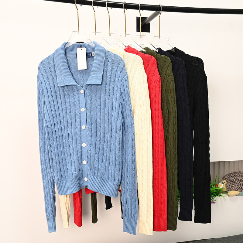 Siqi Women's Clothing 268/17 American Single Embroidery Thick Knit Cotton Cable Knit Turn-down Collar Buttoned Long Sleeve Knit Cardigan
