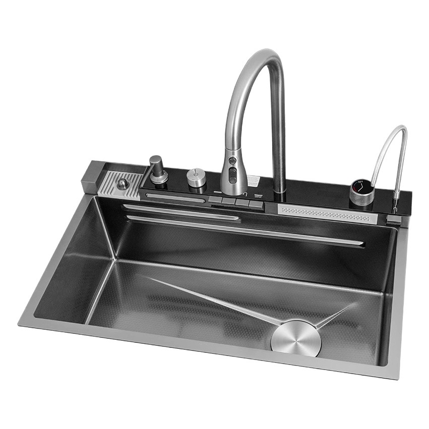 Whale fregadero 304 Botón de piano Acero inoxidable nano panal pantalla digital feiyu cascada cocina grande sola ranura traje