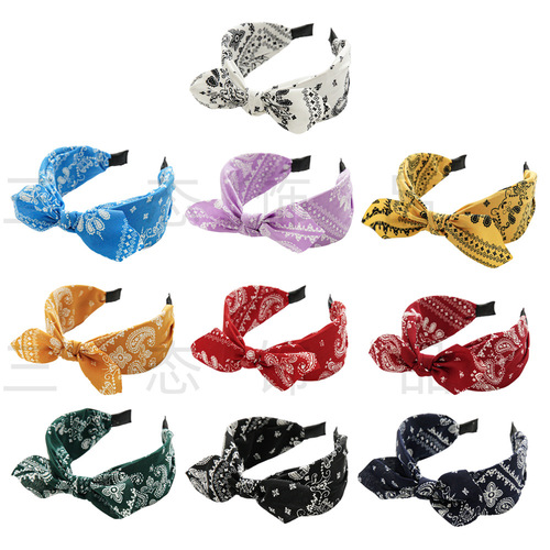 Three-state cross-border new ethnic style small ears knotted headband wide version pressed hairpin hair accessories women's large printed headband