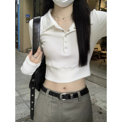 Ladies' Pure Desire Style Collared Long-Sleeve Top, Spring and Autumn New Release, Slim Fit, Body Shaping, Design-Focused, Midriff-Baring Base Layer Shirt