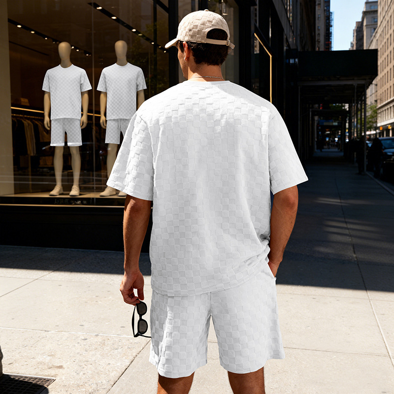 Muscle Doctor Men's Summer Jacquard Checkered Short Sleeve T-Shirt & Shorts Set, Loose Fit High Street Casual Outfit_viptrois.com