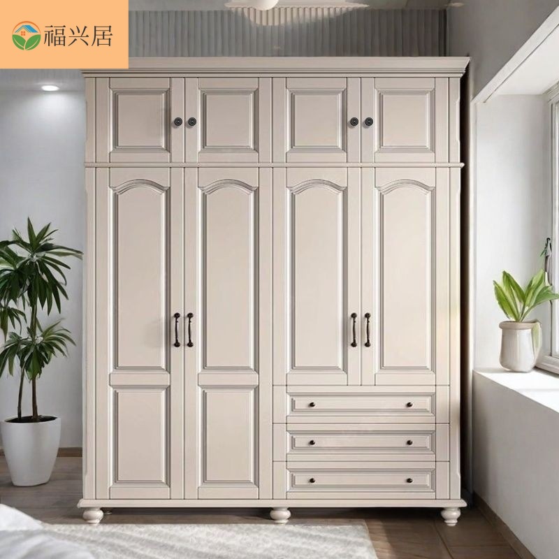 American-Style Retro Solid Wood Wardrobe, Light Luxury Solid Wood Closet for Home Bedroom, Large Capacity with Doors and Drawers, Top Cabinet Wardrobe