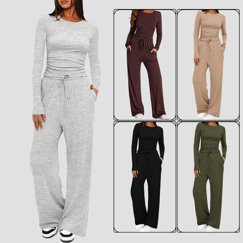 2026 European and American Cross-Border Spring and Autumn Asymmetrical Design Casual Suit for Women, Long-Sleeve Wide-Leg Pants, Versatile Sportswear