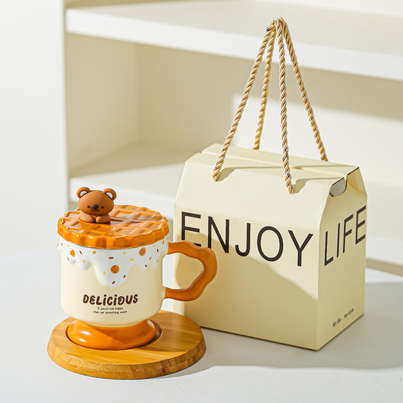 Caricatura dulce oso galletas tazas de cerámica con tapa de alta calidad de la oficina taza de agua regalo de mano taza de regalo