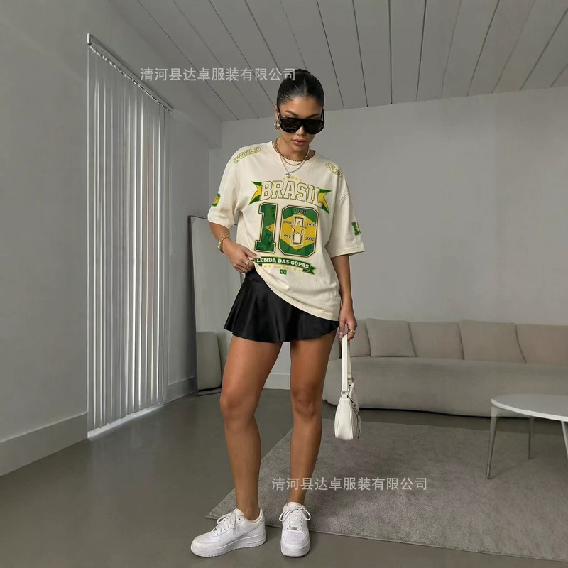 300g cross-border summer letter print heavy-duty short-sleeve T-shirt for women, loose fit, round neck, pure cotton, casual versatile top 300g cross-border summer letter print heavy-duty short-sleeve T-shirt for women, loose fit, round neck, pure cotton, casual versatile top