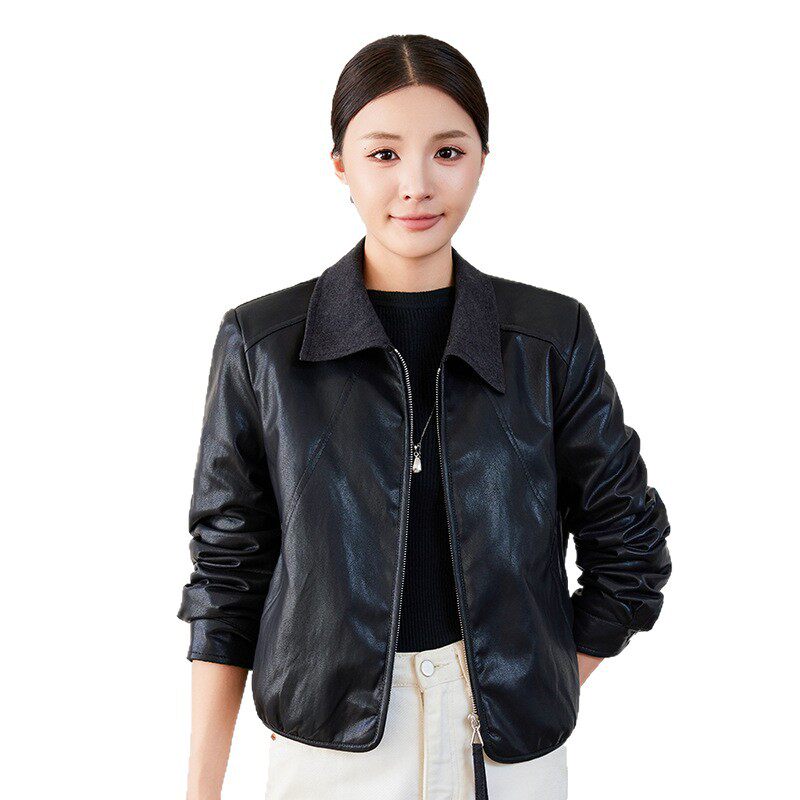 Áo khoác da nữ cổ bẻ dáng ôm phối lông bên trong kiểu mới — màu cà phê, đen, Màu cà phê Fleece dày, Màu đen Fleece dày