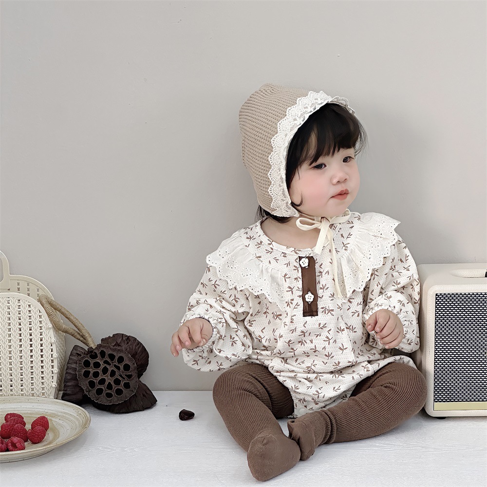 Primavera nuevo estilo bebé francés dulce floral de manga larga pedo estilo occidental princesa bebé hermana traje triángulo gatear