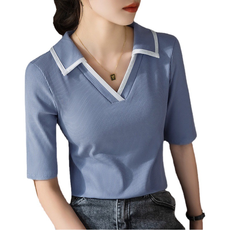 Camiseta modal de manga corta para mujer verano 2023 nueva camiseta de manga media con cuello de polo de color de contraste para mujer temperamento Top ajustado a la cintura image 1
