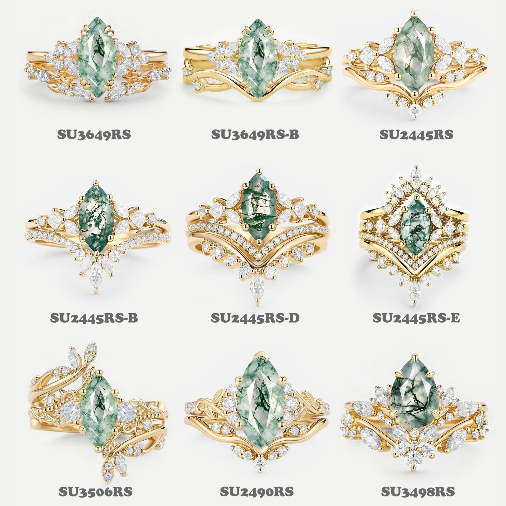 European and American Cross-Border Light Luxury S925 Sterling Silver Marquise Stackable Rings, Ins-Style Fresh Green Moss Agate Rings