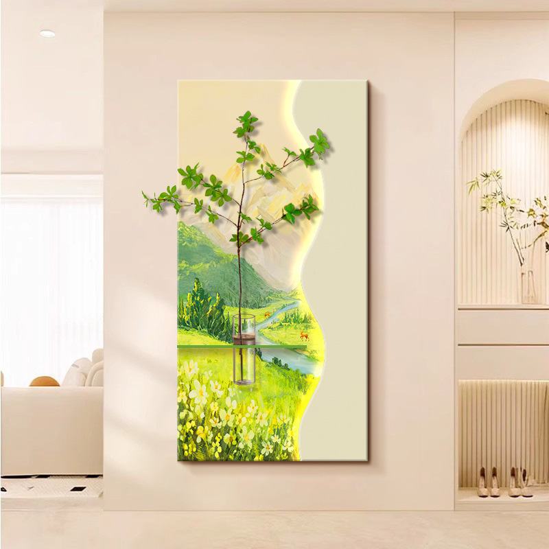 奶油风玄关装饰画高级感立体砂岩画水培绿植走廊过道led壁灯挂画|undefined
