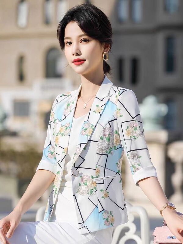 2024 Casual Printed Suit Women's Spring and Summer New Large Size Elegant Mid-Sleeve Seven-point Sleeve One-button Small Suit Jacket