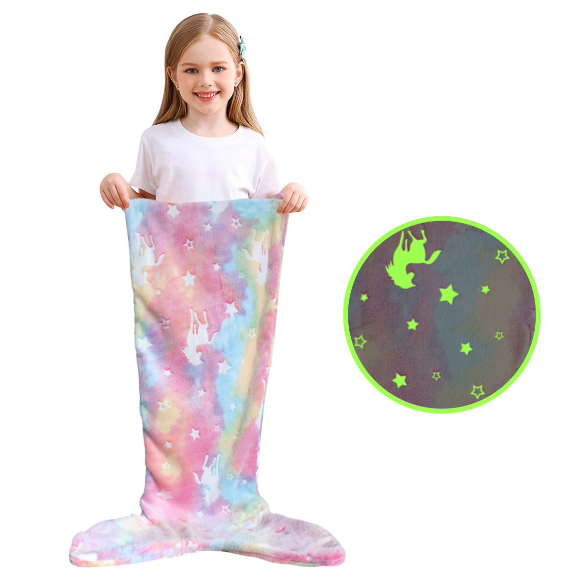 Children's Mermaid Luminous Sleeping Bag Double-Sided Blanket Sleeping Lunch Blanket Warm Autumn and Winter Lazy Blanket Cross-Border