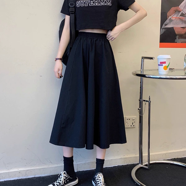 Black full elastic mid-length skirt (70CM)