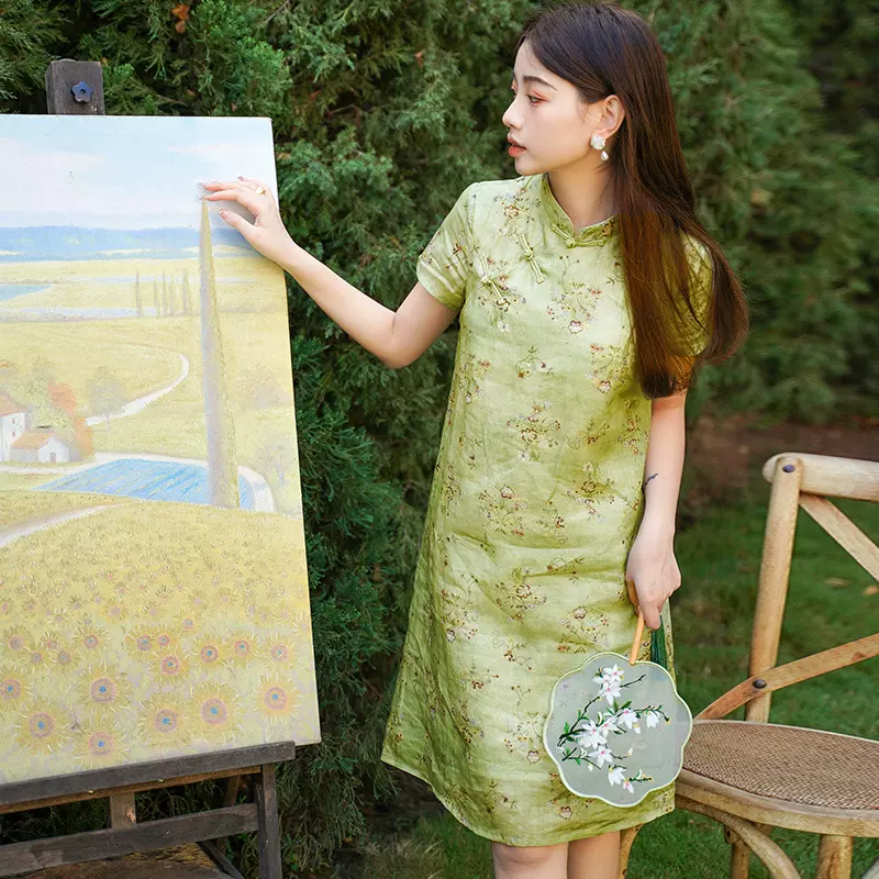 实拍现货苎麻改良旗袍复古中式国风禅意茶服日常短款小个a字裙