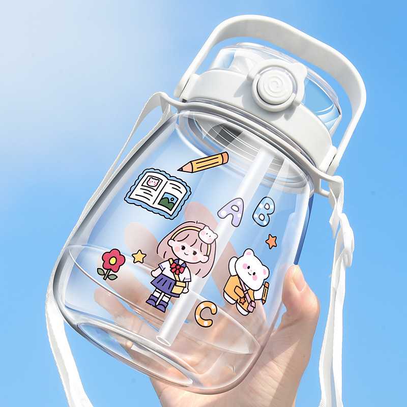 Taza de plástico de gran capacidad Red de red de alto valor Taza de doble bebida grande para el vientre Niños Estudiantes Pajitas Deportes Taza de agua portátil Regalo